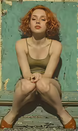 a woman in a tan bra top sitting on a bench