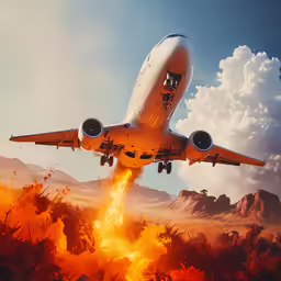 an airplane is flying over a fire that is going down