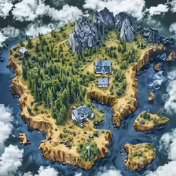 an illustration of a island in the air with a blue house on it