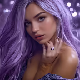 a woman with purple hair wearing a ring