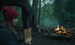 a person stands in front of a campfire holding a sheet of paper
