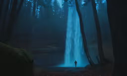 a man standing in front of a waterfall in a forest