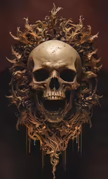 a golden skull with large eyes surrounded by intricate art work