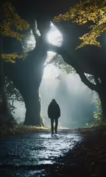 a person in a hooded jacket walking through a park