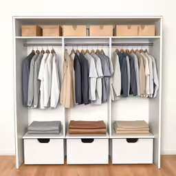 clothes and linens are hanging on clothes racks in a closet