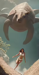 a girl wearing white swimwear looking up to a large sea turtle