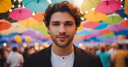 a man with a beard stands in front of umbrellas