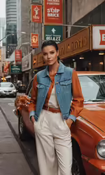 a woman standing next to a parked car