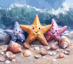 three little starfishs that are on the sand,three stars and two sea shells on the beach