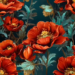 a painting of red and yellow flowers on a black background