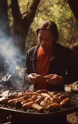 a woman is eating at an outdoor grill