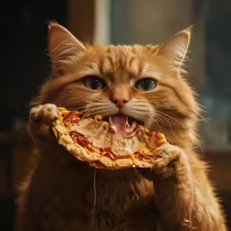 cat holding up slice of pizza to its face
