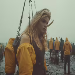 a woman in yellow clothes holding onto a metal item