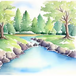 a painting of a river and a riverbank