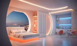 the white and yellow modern bedroom has an oval window