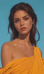 a woman wearing a yellow dress on top of a blue background