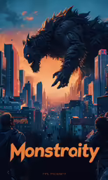 a movie poster with a godzilla flying from a city