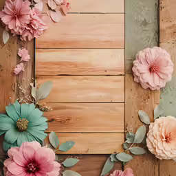 a photo taken over two wooden boards with pink and green flowers,colorful flowers on a wooden surface arranged around a blank sign