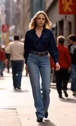 a woman in jeans walking down a street