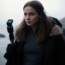 a woman with an umbrella is standing by the water