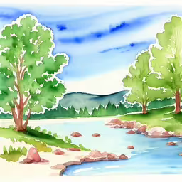 a painting of a tree on the side of a mountain,a watercolor painting of a river in a wooded area,a painting of a stream in a forest,the landscape depicts a lake and three trees,this is a painting of a lake, two trees and mountains