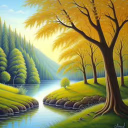 an image of a colorful scene painted in oil,painting on canvas of trees, river and mountains,a painting of a river and some trees,a painting of a forest scene with a stream,this painting is of a river in a forest
