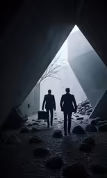 two people are standing in a dark tunnel