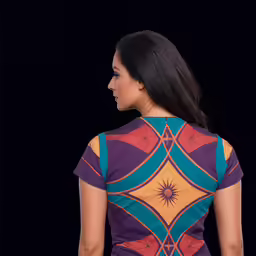 a woman wearing an abstract shirt with a colorful design