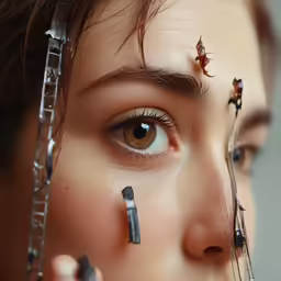 a close up of a woman with some type of piercing on her eyes