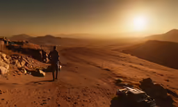 a person on top of a hill walking towards an suv