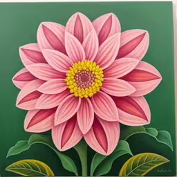 this is a painting of a big flower,painting on canvas of large pink flower with green leaves,a painting with large pink flowers on a green background,a flower painted on top of a green wall,a painting of pink and yellow flower on a green background