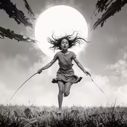 a girl running with her dog through a field