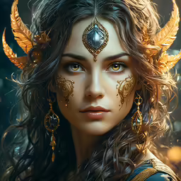 an artistic photo of a woman wearing gold and white with big horns