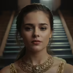 the woman is in the stairs wearing gold jewelry