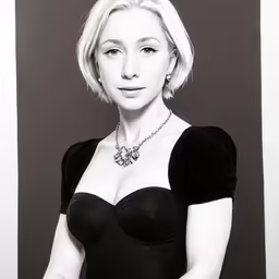 a woman with short blonde hair in black dress