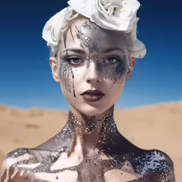 a woman covered in mud is posing in the desert