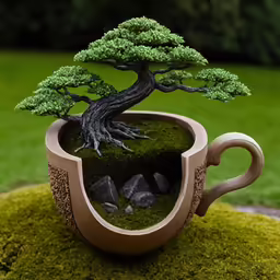 this is a bonsai tree in a ceramic tea cup