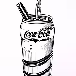 this is a black and white drawing of a coca - cola drink,the illustration of a can of coke and a bottle