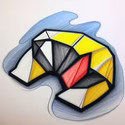 a drawing of a yellow, red, grey and white elephant