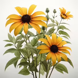 yellow flowers with green leaves in a white vase