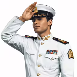 a man in uniform saluting the attention of a white background