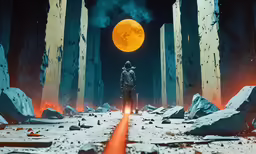 two people looking out on a glowing orange full moon