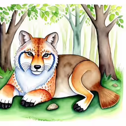 a fox sitting next to some trees in a forest,a watercolor painting of a fox with trees in the background,a cartoon wolf is lying on the ground next to trees,a red fox sits in the woods,an illustration of a fox sitting under some trees