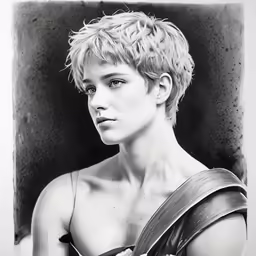 a young man with short hair wearing a top