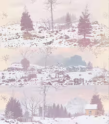 three landscapes with snow, a few hills and trees,a picture of a snowy landscape showing the sky