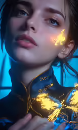 a woman with glow makeup looks up