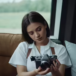 a woman holding an old fashioned camera and taking a photo