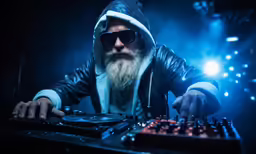a bearded dj in front of a dj controller