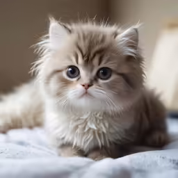 there is a small gray and white kitten laying on the bed
