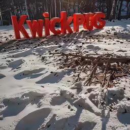 the word kwckpu is placed in the snow beside an open fire hydrant